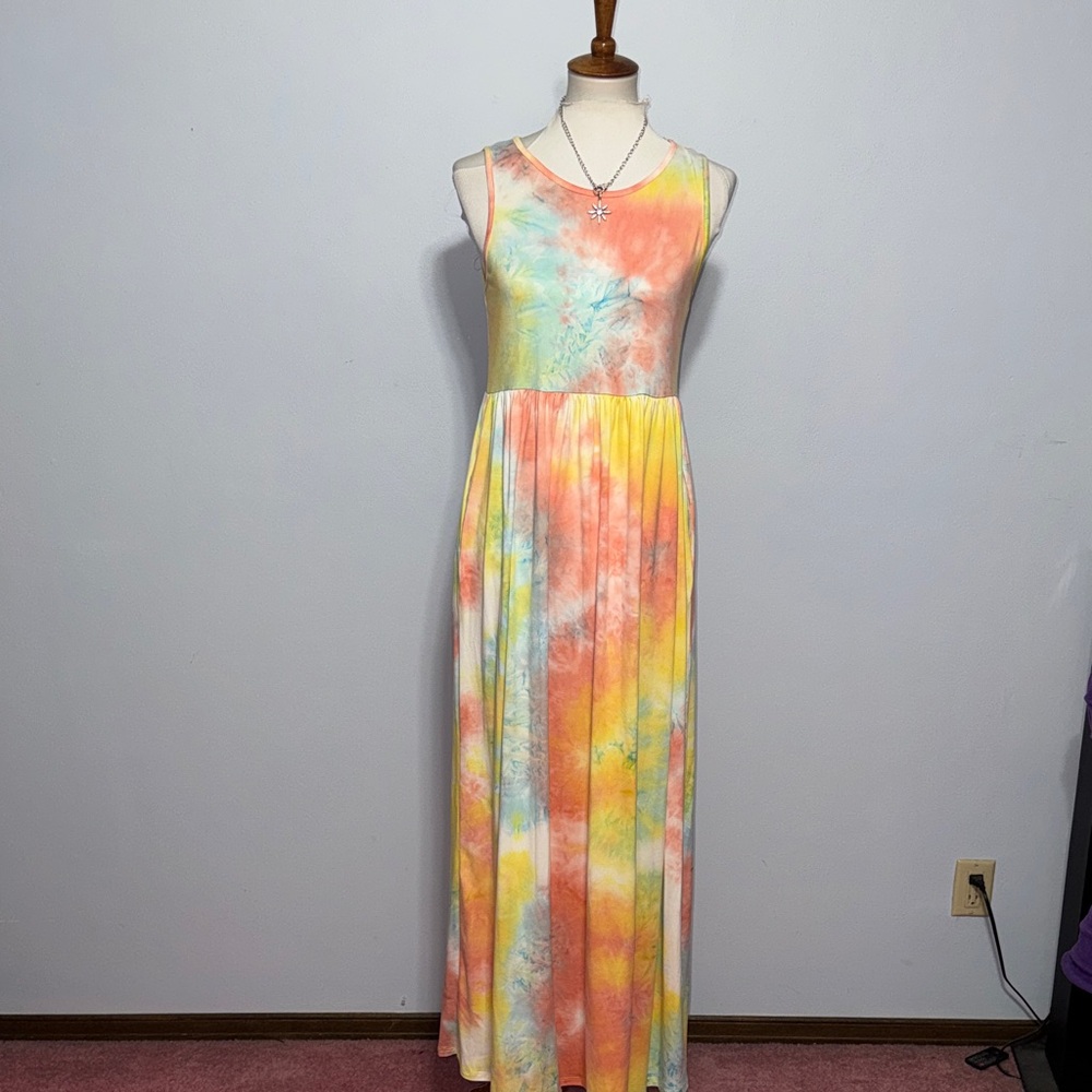 Sleeveless Pastel Tie-Dye Maxi Dress in Yellow & Orange